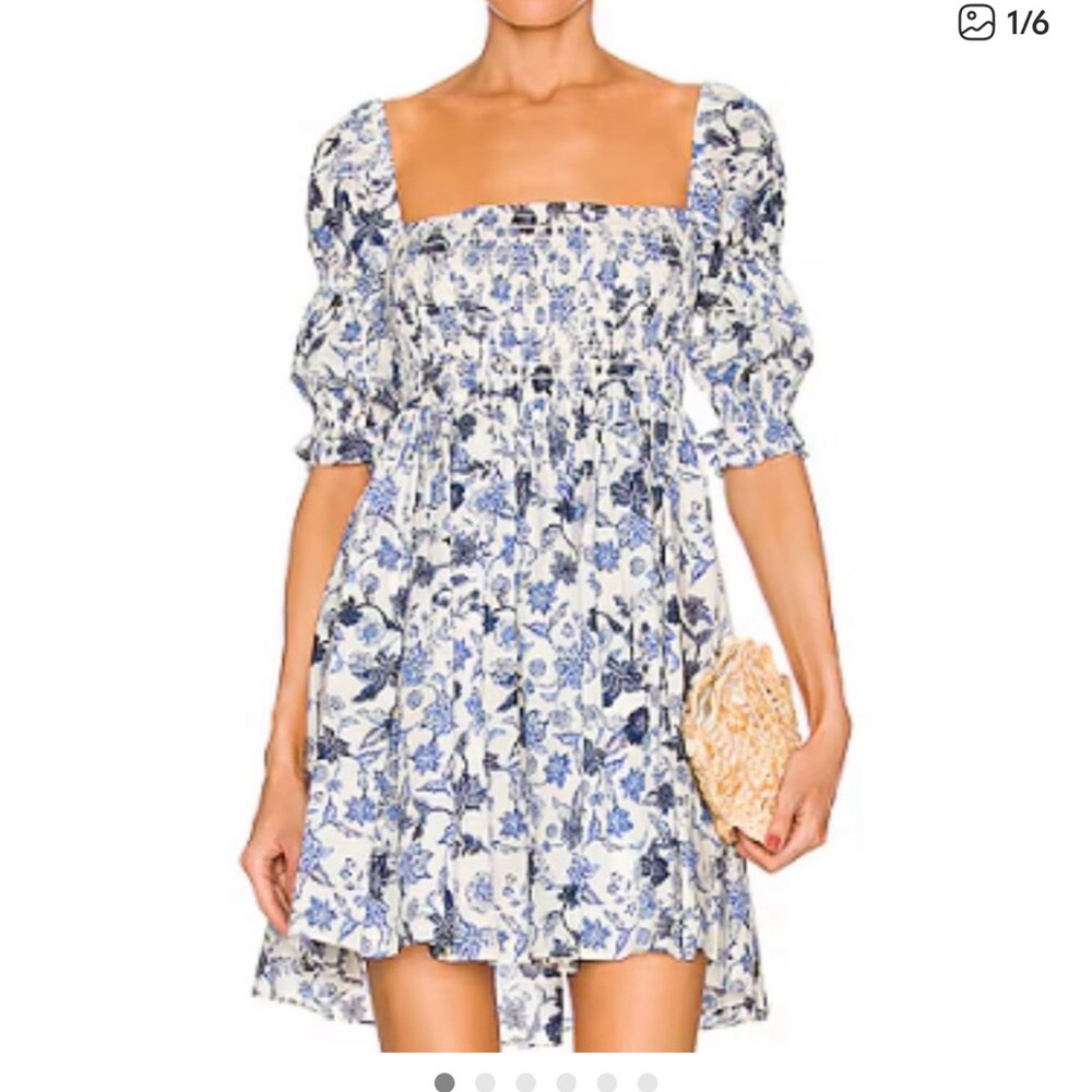 Misa Los Angeles Blue and White Floral Puff-Sleeve Mini Dress
